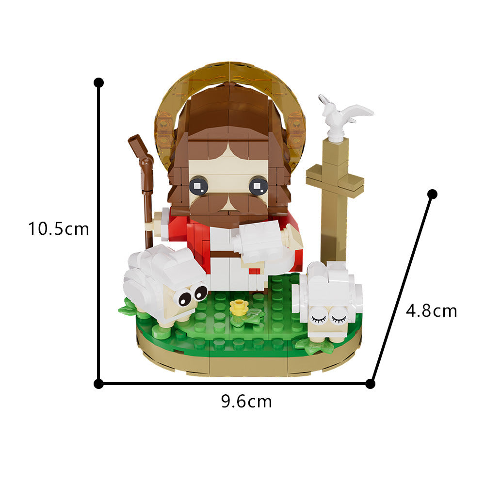 Toy figure of a religious character with sheep, dimensions indicated, on a white background