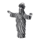Silver religious figurine with outstretched arms on a white background