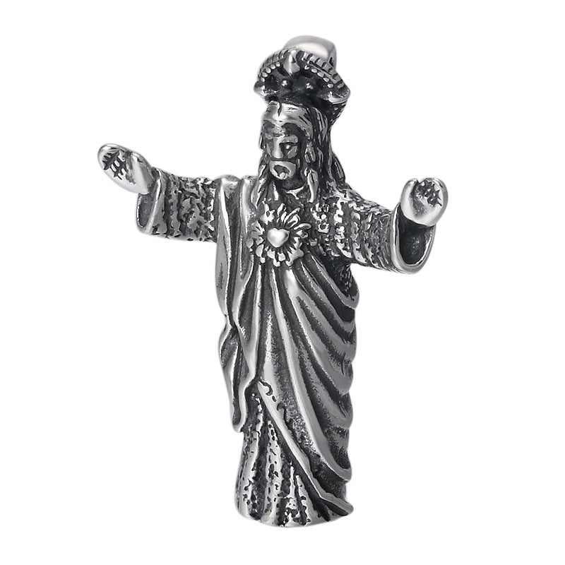 Silver religious figurine with outstretched arms on a white background