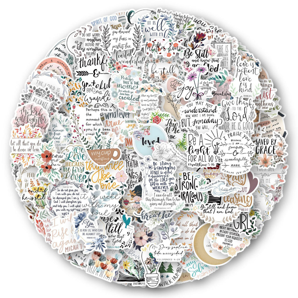 Round sticker sheet with various motivational phrases and designs on a white background
