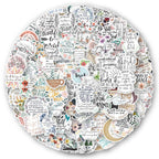 Round sticker sheet with various motivational phrases and designs on a white background