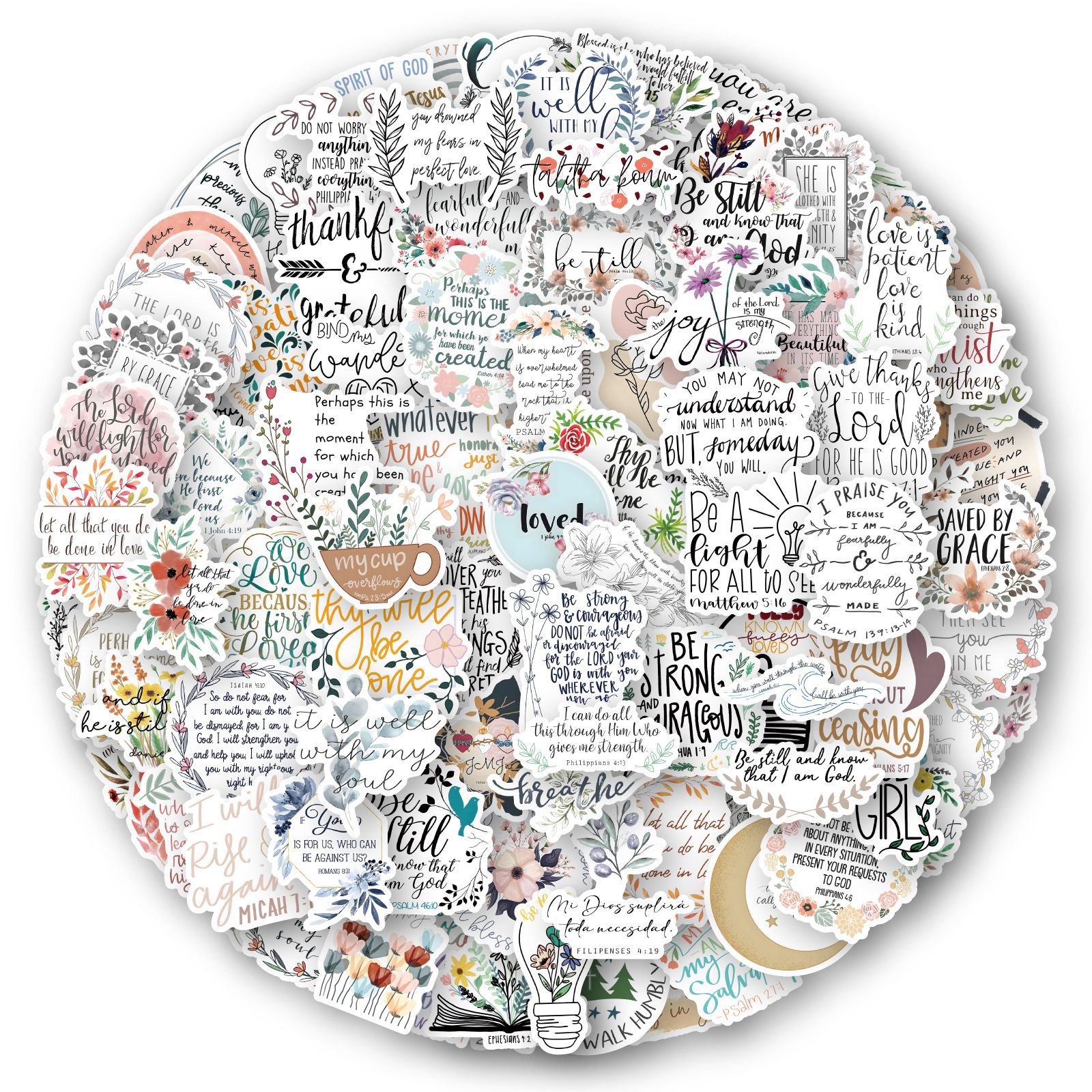 Round sticker sheet with various motivational phrases and designs on a white background