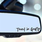 Car rearview mirror with 'Trust in God' decal