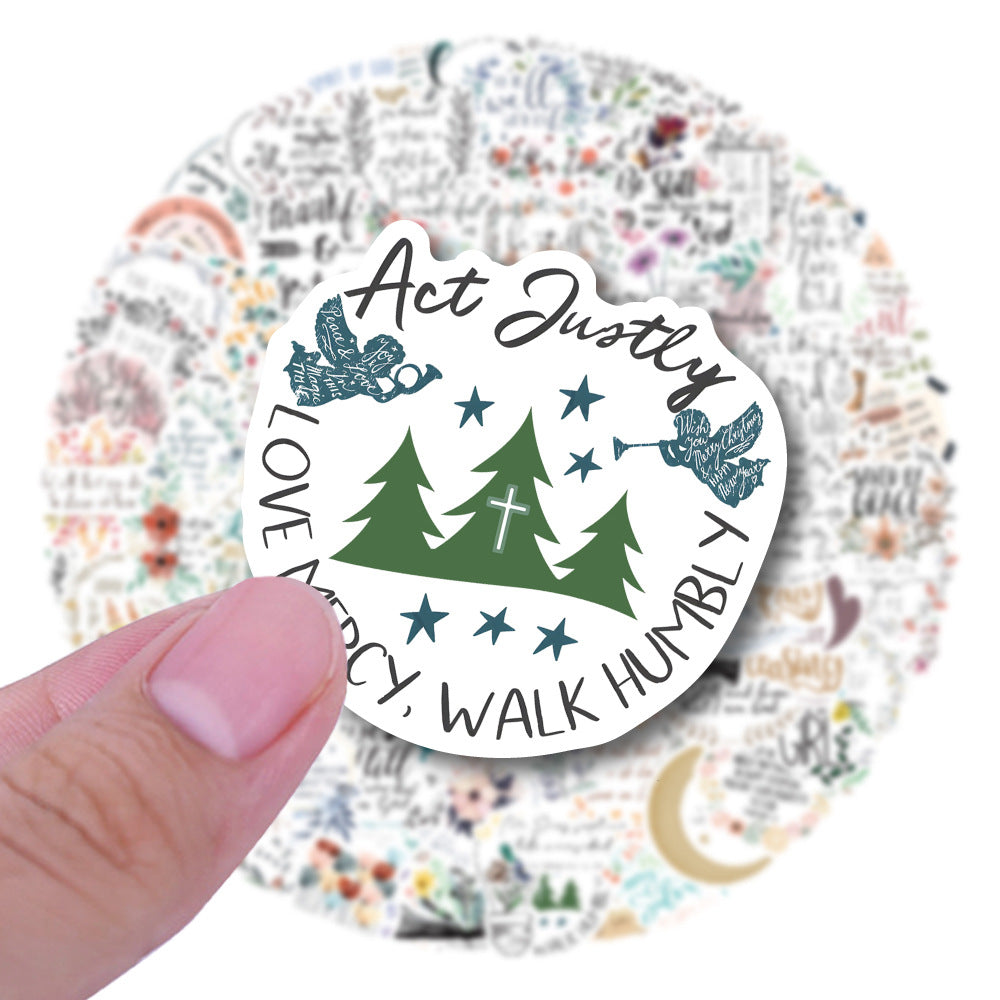 Circular sticker with text 'Act Justly, Love Mercy, Walk Humbly' held by a hand against a floral background.