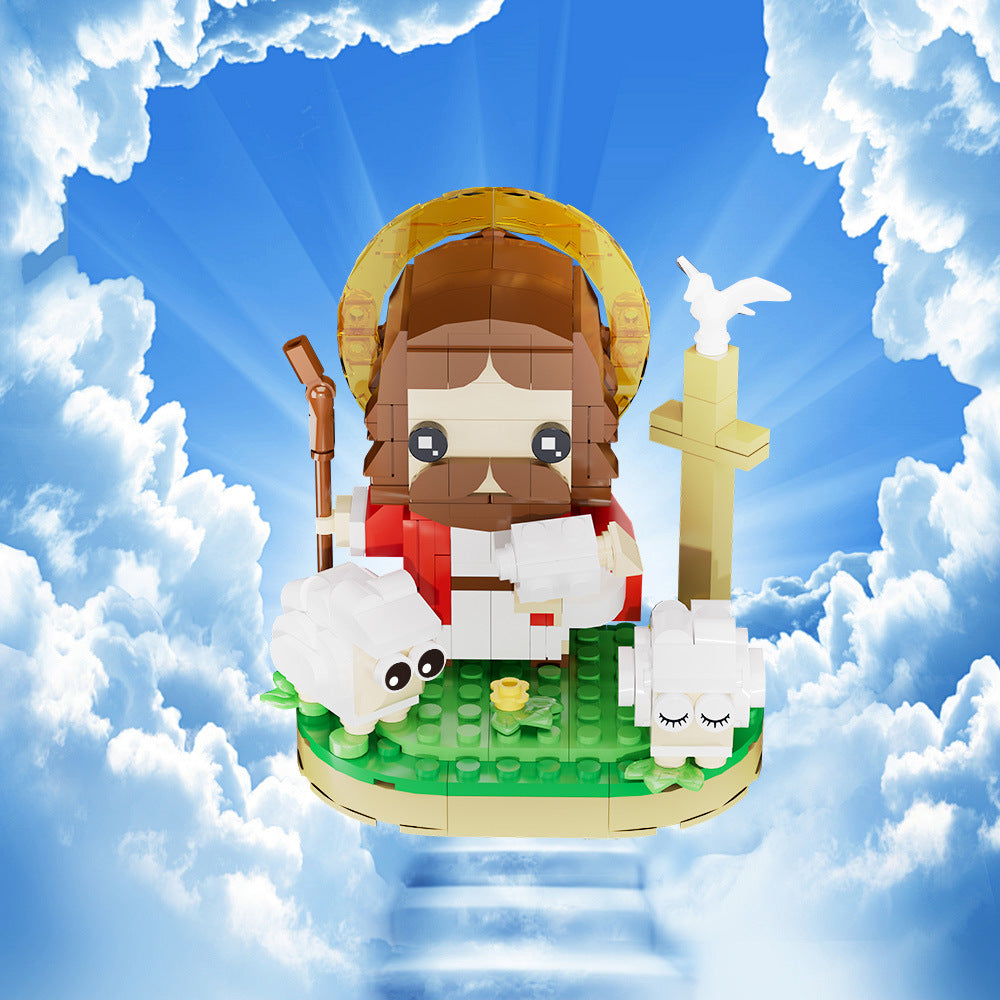 Toy figure of a shepherd with sheep against a blue sky background
