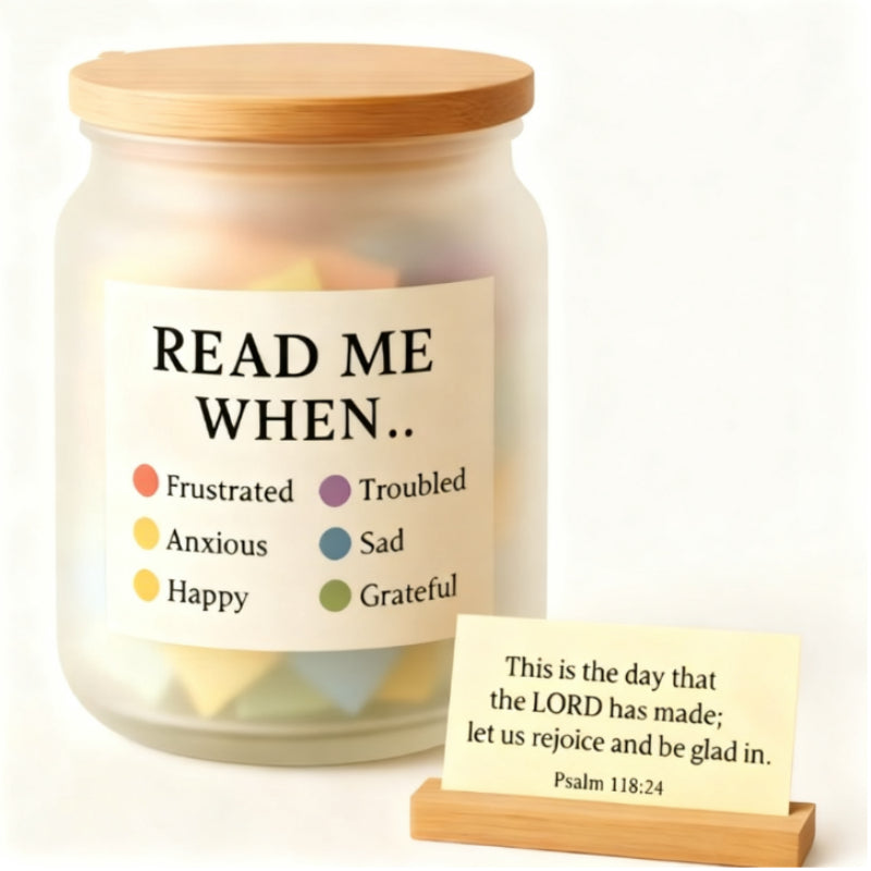 Jar with a wooden lid and colorful labels inside, accompanied by a card with a quote.