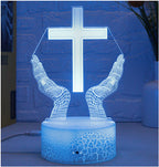 3D LED lamp with hands holding a cross design on a blue background