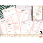 Prayer journal pages with various sections on a white surface.