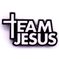 Enamel pin with 'Team Jesus' text and cross design on a white background
