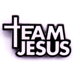 Enamel pin with 'Team Jesus' text and cross design on a white background