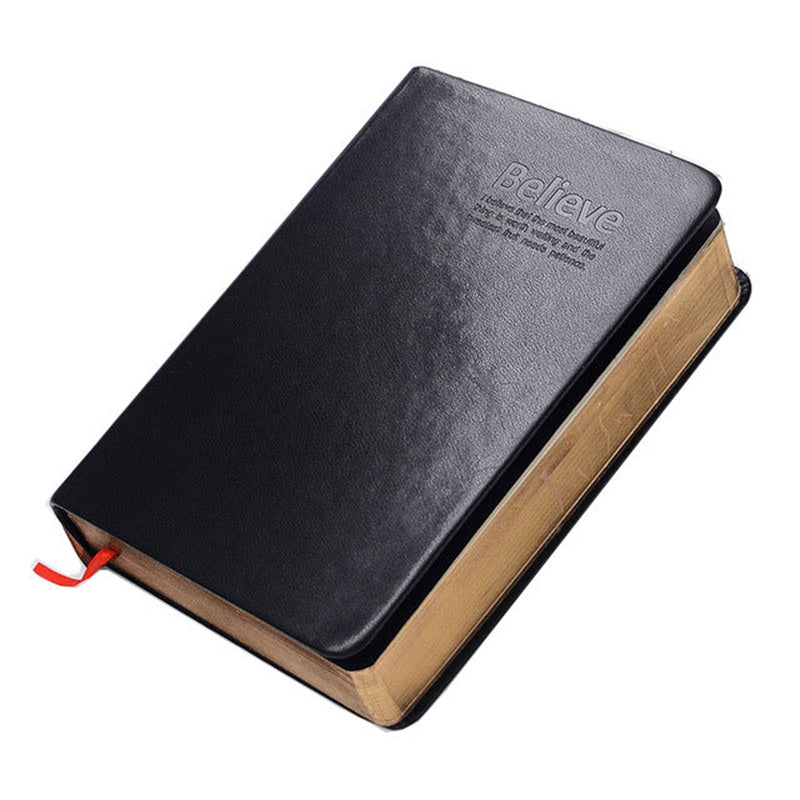 Black leather-bound book with visible brand name on a white background