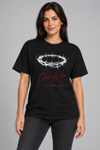 Model wearing the black Grace Wins unisex T-shirt in a studio