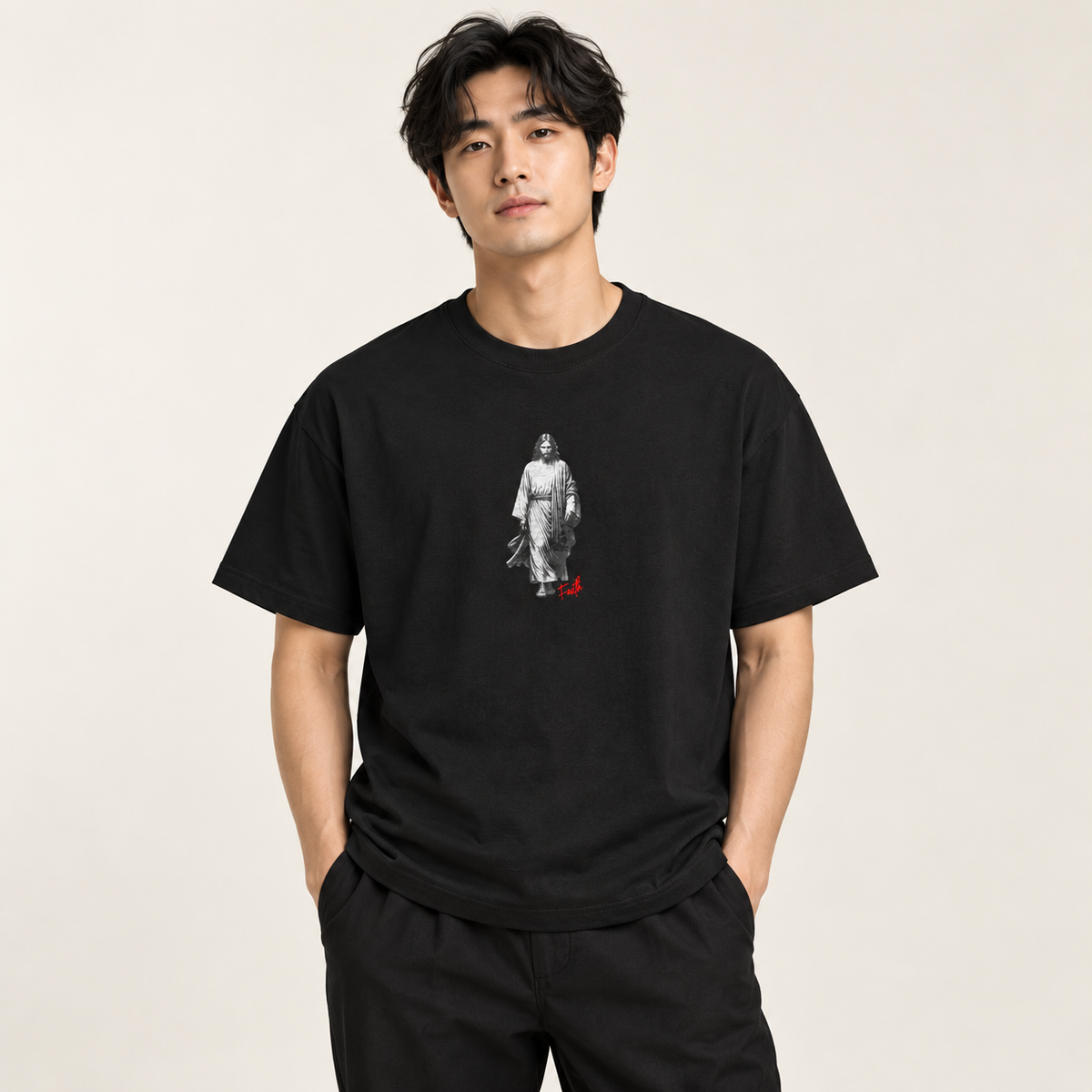 Model wearing the black Jesus Faith Walk unisex T-shirt in a studio
