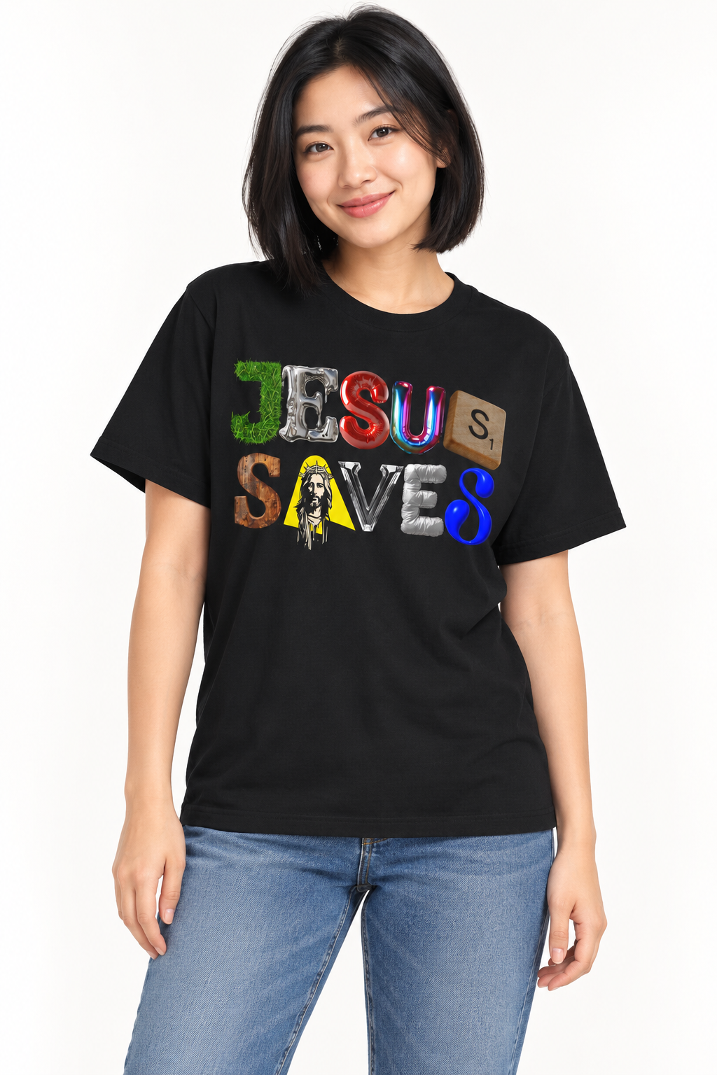 Model wearing the black Jesus Saves mixed-letter unisex T-shirt in a studio