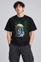Model wearing the black Matrix Coded Jesus unisex T-shirt in a studio