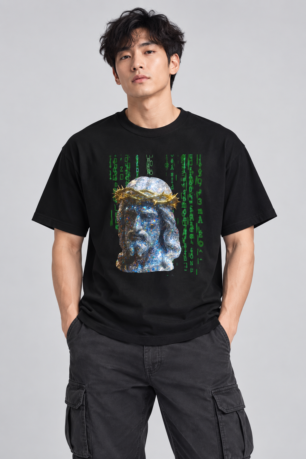 Model wearing the black Matrix Coded Jesus unisex T-shirt in a studio